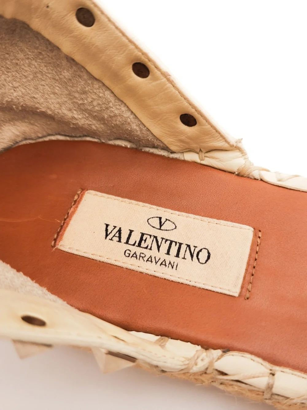 Valentino Garavani Rockstud Ivory Leather Espadrille Ankle Strap Flats EU 39